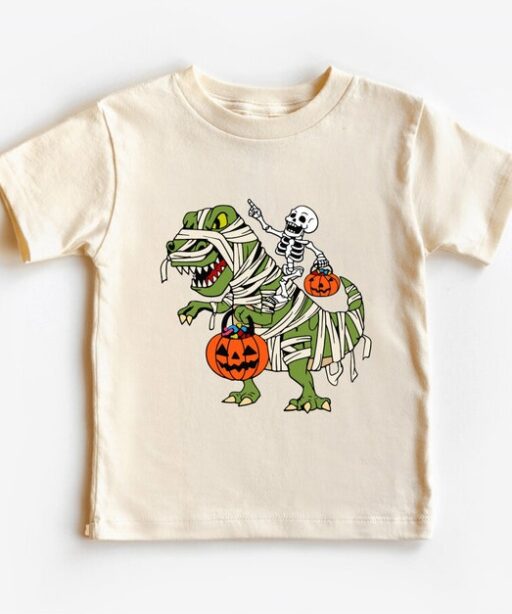 Skeleton Rides Dinasour Pumpkin Toddler Shirt, Halloween Boy Skeleton Shirts, Cool Halloween Kids, Happy Halloween Dinasour Shirt -HC011