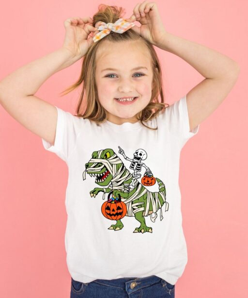 Skeleton Rides Dinasour Pumpkin Toddler Shirt, Halloween Boy Skeleton Shirts, Cool Halloween Kids, Happy Halloween Dinasour Shirt -HC011