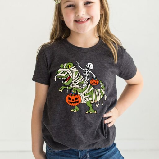 Skeleton Rides Dinasour Pumpkin Toddler Shirt, Halloween Boy Skeleton Shirts, Cool Halloween Kids, Happy Halloween Dinasour Shirt -HC011