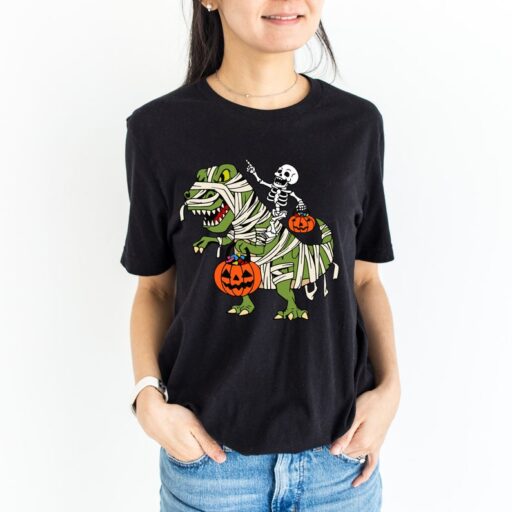 Skeleton Rides Dinasour Pumpkin Toddler Shirt, Halloween Boy Skeleton Shirts, Cool Halloween Kids, Happy Halloween Dinasour Shirt -HC011