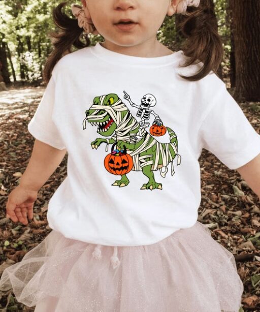 Skeleton Rides Dinasour Pumpkin Toddler Shirt, Halloween Boy Skeleton Shirts, Cool Halloween Kids, Happy Halloween Dinasour Shirt -HC011