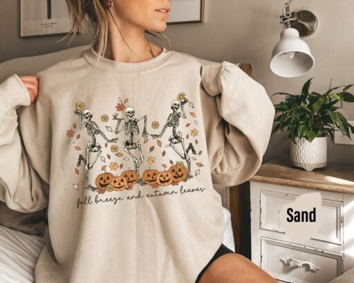 Fall Breeze and Autumn Leaves Sweatshirt or Hoodie, Dancing Skeleton Shirt, Fall Leaves Shirt, Hello Fall, Funny Pumpkin, Fall Season -HC013