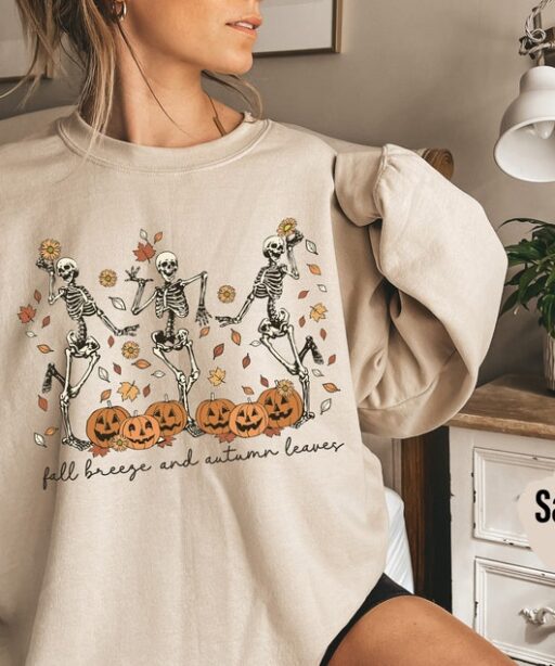 Fall Breeze and Autumn Leaves Sweatshirt or Hoodie, Dancing Skeleton Shirt, Fall Leaves Shirt, Hello Fall, Funny Pumpkin, Fall Season -HC013