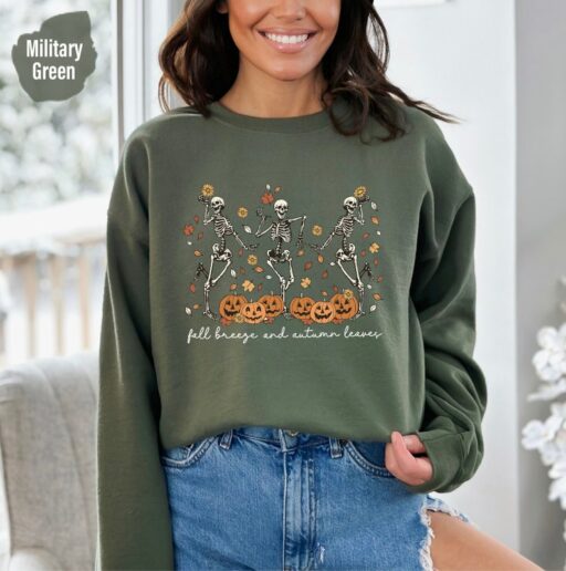 Fall Breeze and Autumn Leaves Sweatshirt or Hoodie, Dancing Skeleton Shirt, Fall Leaves Shirt, Hello Fall, Funny Pumpkin, Fall Season -HC013