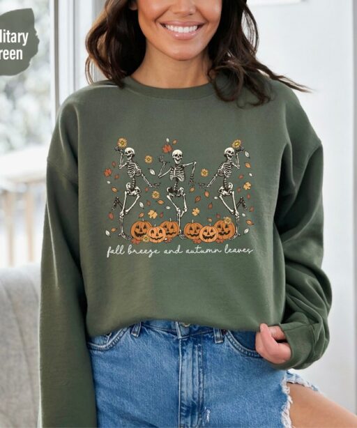 Fall Breeze and Autumn Leaves Sweatshirt or Hoodie, Dancing Skeleton Shirt, Fall Leaves Shirt, Hello Fall, Funny Pumpkin, Fall Season -HC013