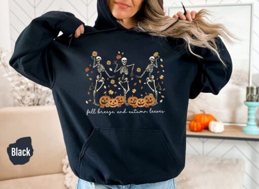 Fall Breeze and Autumn Leaves Sweatshirt or Hoodie, Dancing Skeleton Shirt, Fall Leaves Shirt, Hello Fall, Funny Pumpkin, Fall Season -HC013