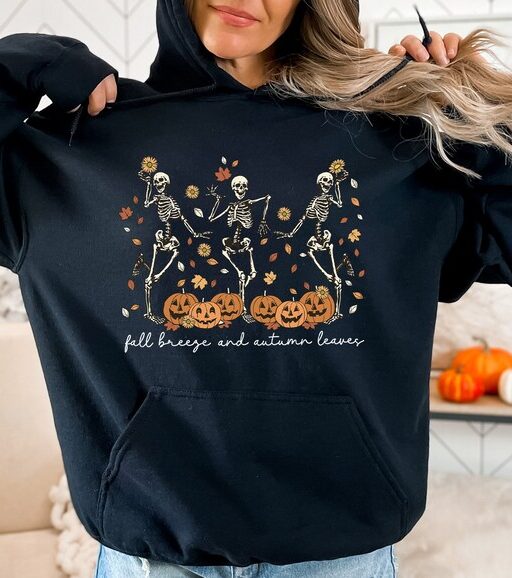 Fall Breeze and Autumn Leaves Sweatshirt or Hoodie, Dancing Skeleton Shirt, Fall Leaves Shirt, Hello Fall, Funny Pumpkin, Fall Season -HC013