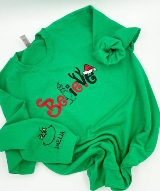 Embroidered Christmas Grinch believe embroidery sweatshirt/grinch face personalized sleeve, Y2K Style Crewneck| Merry Shirt, Santa SHIRT