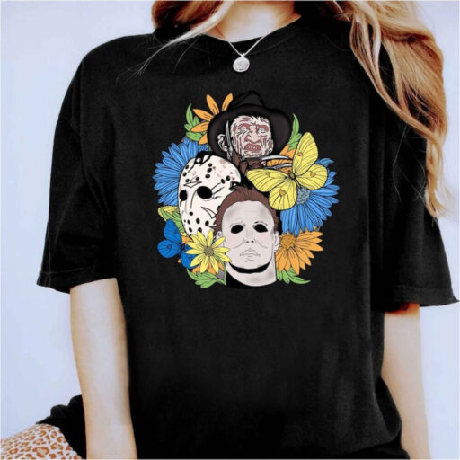 Retro Halloween shirt, Halloween floral T-shirt, Scream, Jason, Michael Myers, Horror movie Floral shirt, Fall Shirt, Halloween Gift Shirt