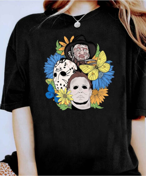 Retro Halloween shirt, Halloween floral T-shirt, Scream, Jason, Michael Myers, Horror movie Floral shirt, Fall Shirt, Halloween Gift Shirt