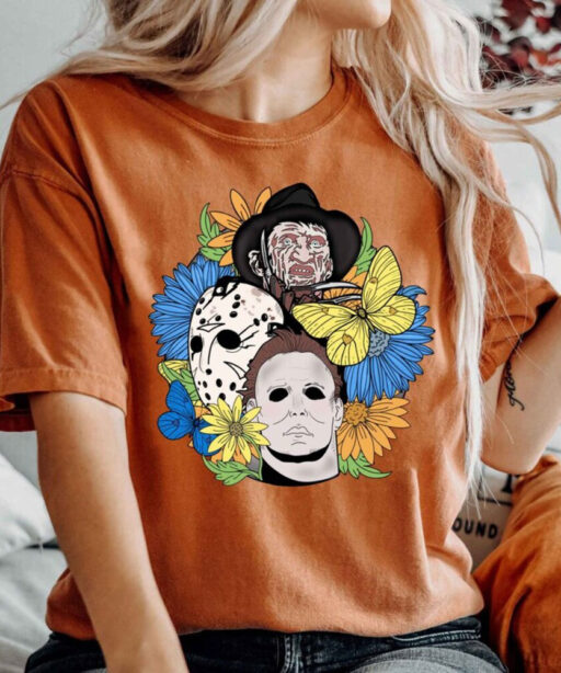 Retro Halloween shirt, Halloween floral T-shirt, Scream, Jason, Michael Myers, Horror movie Floral shirt, Fall Shirt, Halloween Gift Shirt