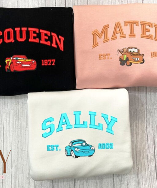 Mcqueen Sally Mater Embroidered Sweater, Couple Embroidered Sweatshirts, Cartoon Crewneck, Vintage shirt ECT0030405