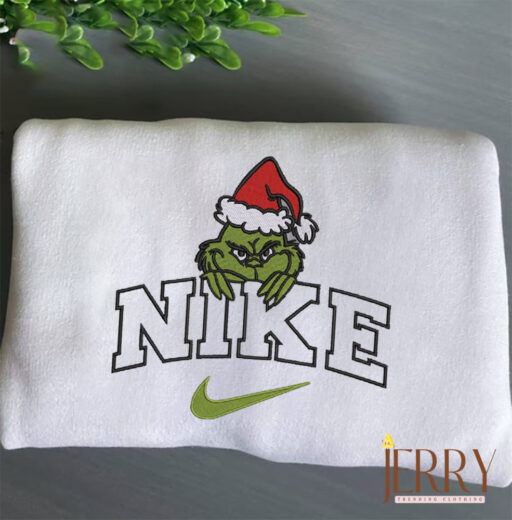 Christmas Grinch Santa Hat Nike Embroidered Sweatshirt, Grinch Shirt