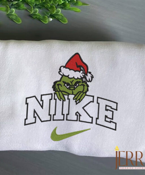 Christmas Grinch Santa Hat Nike Embroidered Sweatshirt, Grinch Shirt