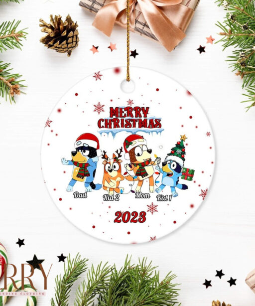 Custom Christmas Family Bluey Ornament, Blue Dog Family Round Ceramic Christmas Ornament, Gift For Family Christmas, Christmas Decorations