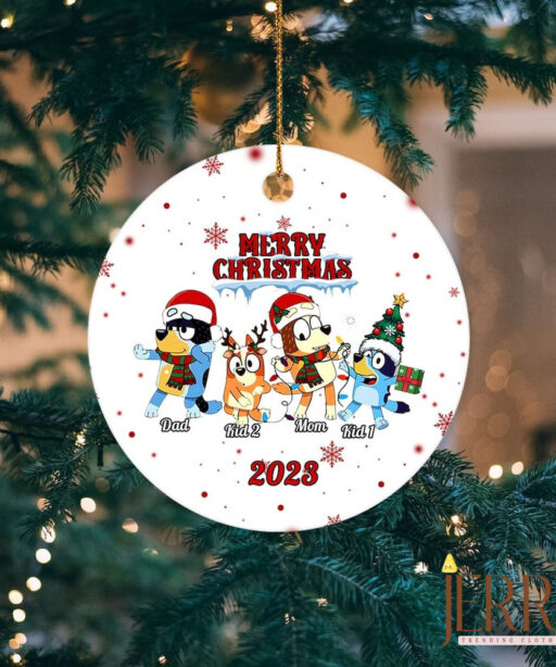 Custom Christmas Family Bluey Ornament, Blue Dog Family Round Ceramic Christmas Ornament, Gift For Family Christmas, Christmas Decorations