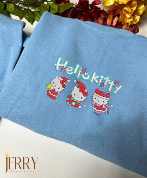 Custom Kitty Christmas Embroidery Sweatshirt, Kitty Christmas Embroidery Crewneck Sweatshirt, Christmas Embroidered, Y2K Style Embroidered