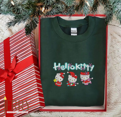 Custom Kitty Christmas Embroidery Sweatshirt, Kitty Christmas Embroidery Crewneck Sweatshirt, Christmas Embroidered, Y2K Style Embroidered