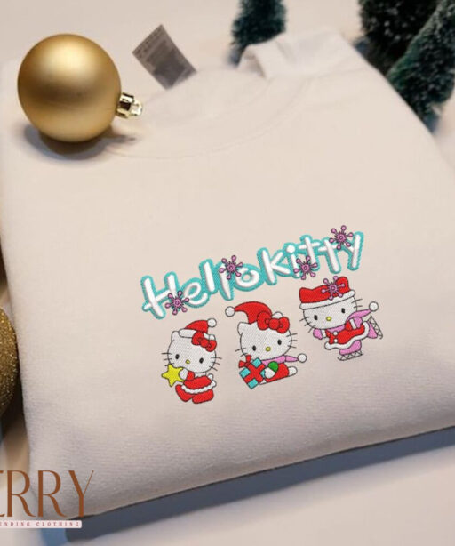 Custom Kitty Christmas Embroidery Sweatshirt, Kitty Christmas Embroidery Crewneck Sweatshirt, Christmas Embroidered, Y2K Style Embroidered