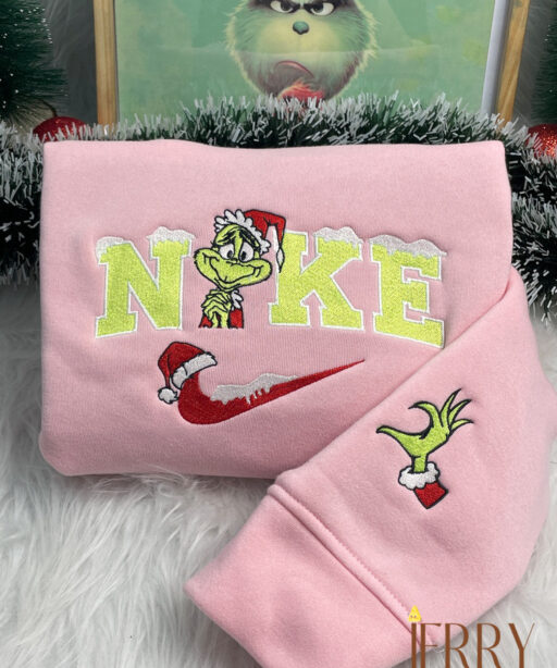 Cute Grinch Christmas Nike Embroidered Sweatshirt, Xmas Gift For Couple
