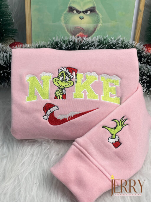 Cute Grinch Christmas Nike Embroidered Sweatshirt, Xmas Gift For Couple