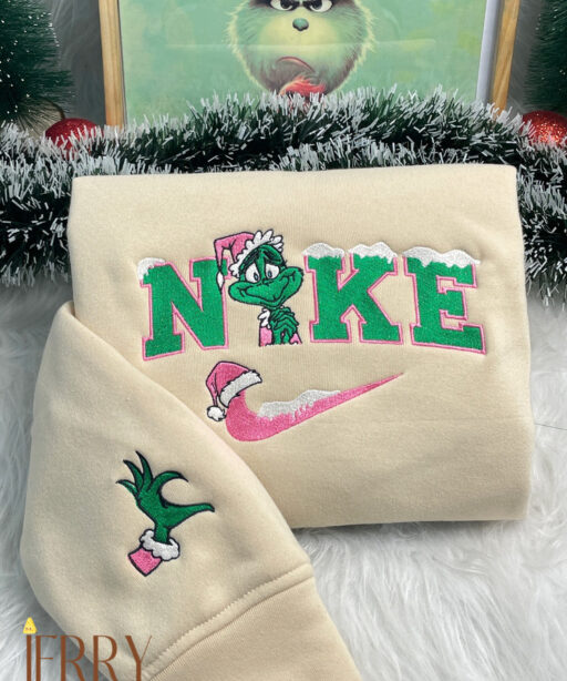 Cute Grinch Christmas Nike Embroidered Sweatshirt, Xmas Gift For Couple