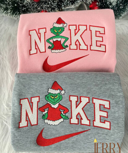 Grinch Couple Christmas Nike Embroidered Sweatshirt, Christmas Gift For Couple