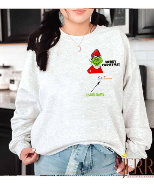 Grinch Embroidered Sweatshirt Merry Christmas With Custom Name