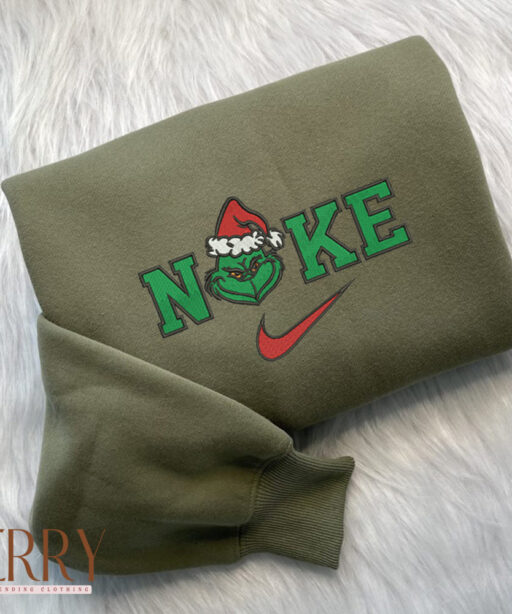 Grinch Face Christmas Nike Embroidered Sweatshirt, Grinch Christmas Sweatshirt