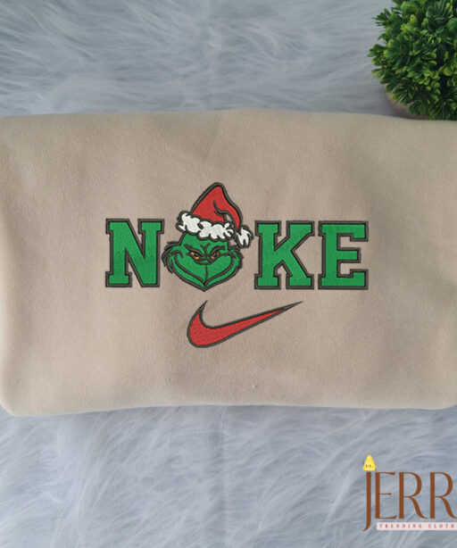 Grinch Face Christmas Nike Embroidered Sweatshirt, Grinch Christmas Sweatshirt