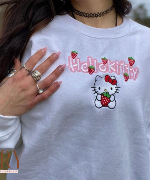 Kitty Flower Garden Spring Embroidery Crewneck Sweatshirt