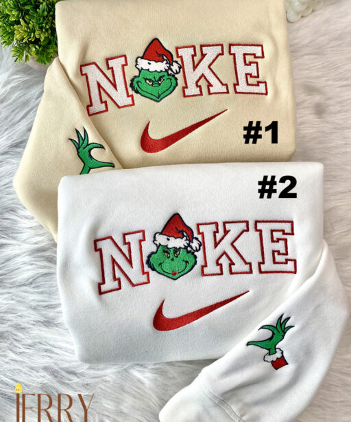 Mrs And Mr Grinch Face Christmas Nike Embroidered Sweatshirt, Christmas Gift for Couple