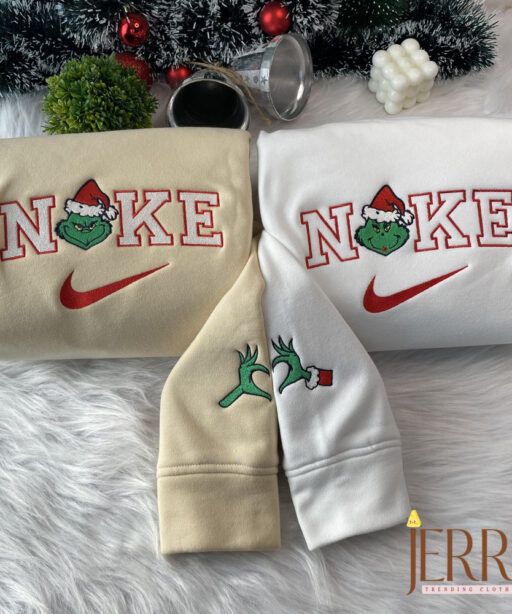 Mrs And Mr Grinch Face Christmas Nike Embroidered Sweatshirt, Christmas Gift for Couple