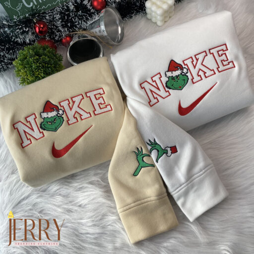 Mrs And Mr Grinch Face Christmas Nike Embroidered Sweatshirt, Christmas Gift for Couple