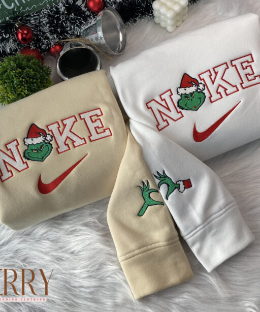 Mrs And Mr Grinch Face Christmas Nike Embroidered Sweatshirt, Christmas Gift for Couple