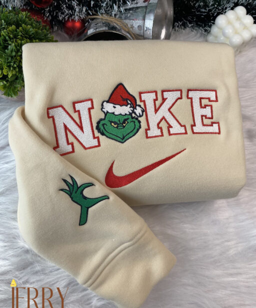 Mrs And Mr Grinch Face Christmas Nike Embroidered Sweatshirt, Christmas Gift for Couple