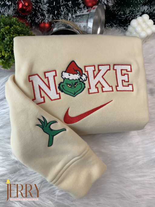 Mrs And Mr Grinch Face Christmas Nike Embroidered Sweatshirt, Christmas Gift for Couple