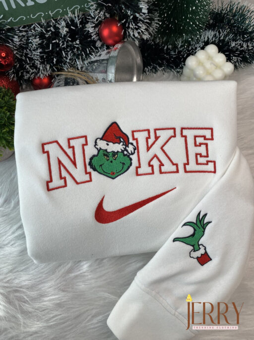 Mrs And Mr Grinch Face Christmas Nike Embroidered Sweatshirt, Christmas Gift for Couple