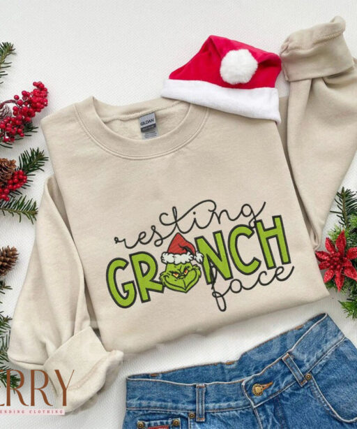 Resting Grinch Face Christmas Embroidered Sweatshirt, Funny Christmas Grinch Sweatshirt, Happy New Year, Xmas Gift