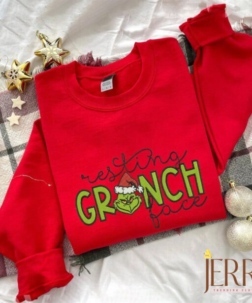 Resting Grinch Face Christmas Embroidered Sweatshirt, Funny Christmas Grinch Sweatshirt, Happy New Year, Xmas Gift
