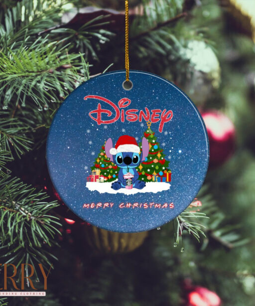 Stitch Merry Christmas Disney Circle Ornament, Disney Christmas Ornaments, Disney Xmas Decorations
