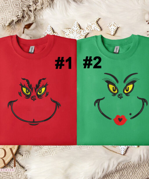 The Grinch Face Embroidered Crewneck Sweatshirt Hoodie, Grinch Face Christmas Crewneck, Grinchmas Shirt