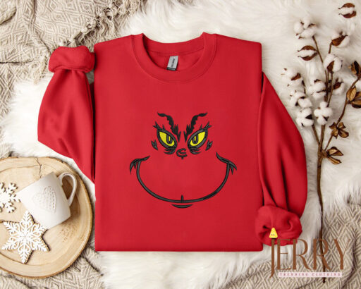 The Grinch Face Embroidered Crewneck Sweatshirt Hoodie, Grinch Face Christmas Crewneck, Grinchmas Shirt