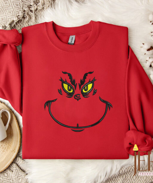 The Grinch Face Embroidered Crewneck Sweatshirt Hoodie, Grinch Face Christmas Crewneck, Grinchmas Shirt