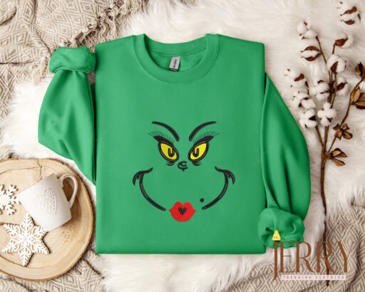 The Grinch Face Embroidered Crewneck Sweatshirt Hoodie, Grinch Face Christmas Crewneck, Grinchmas Shirt