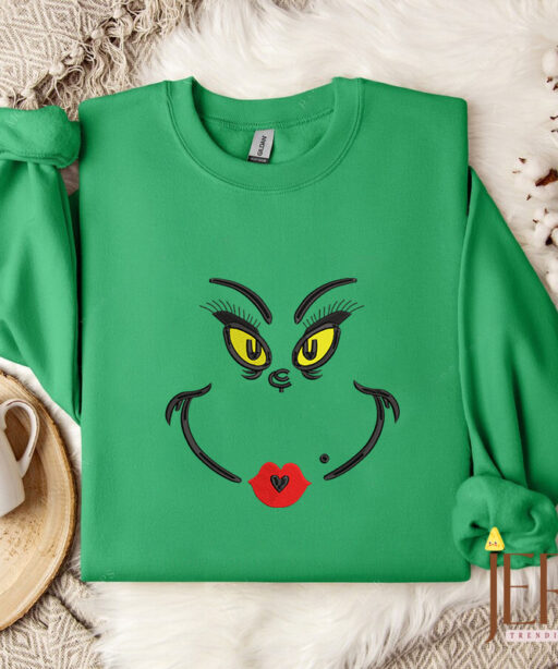 The Grinch Face Embroidered Crewneck Sweatshirt Hoodie, Grinch Face Christmas Crewneck, Grinchmas Shirt