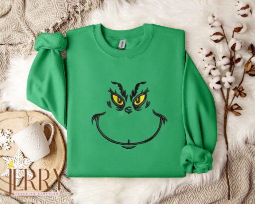 The Grinch Face Embroidered Crewneck Sweatshirt Hoodie, Grinch Face Christmas Crewneck, Grinchmas Shirt