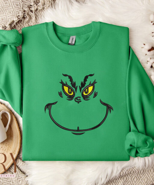 The Grinch Face Embroidered Crewneck Sweatshirt Hoodie, Grinch Face Christmas Crewneck, Grinchmas Shirt