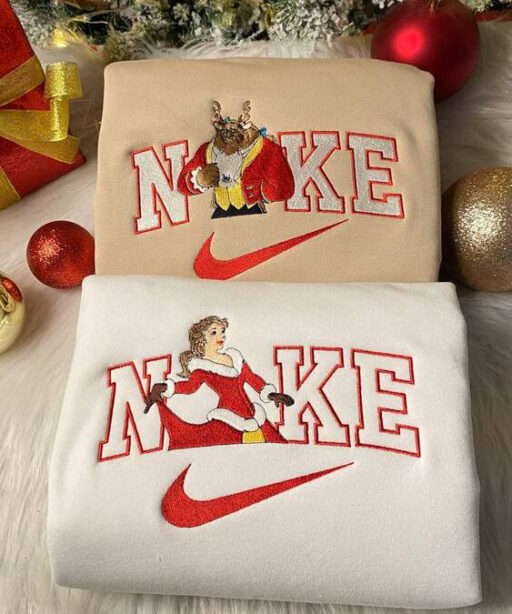 Beauty And The Beast Christmas Nike Embroidered Shirts, Xmas Gift For Couple