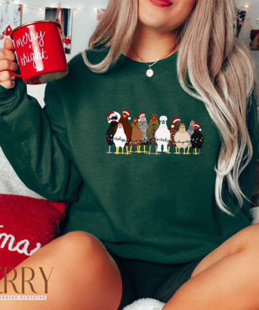 Christmas Chickens Sweatshirt, Cute Chicken Farm Animals Holiday Shirt, Trendy Santa Hat Animal Farmer Heiffer Bull Gift Holidays Crewneck